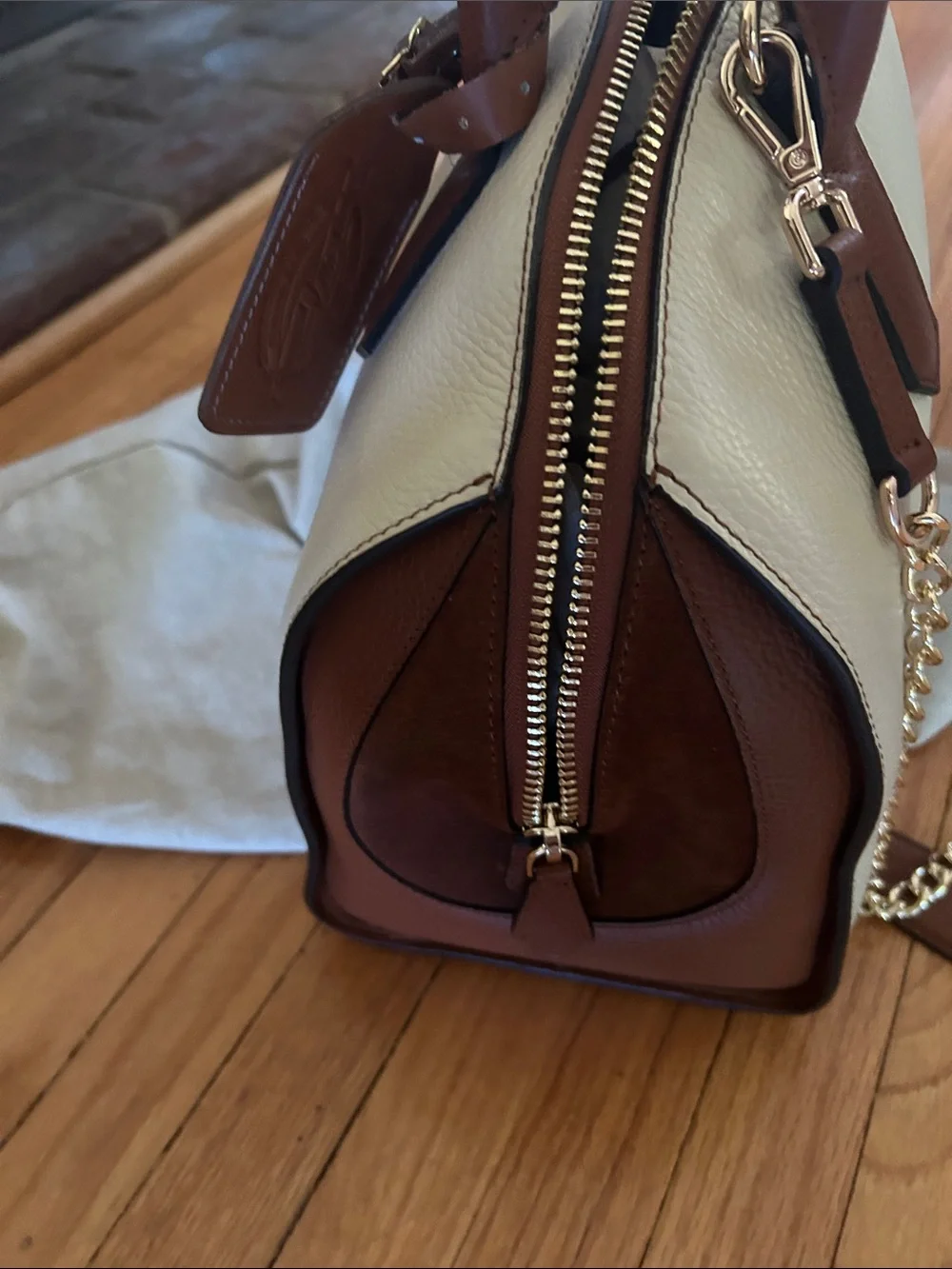 Made in Italy- Women's Two-Tone White and Brown Satchel Handbag
